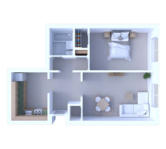 Floor plan for 1 bed, 1 bath, 625 sqft